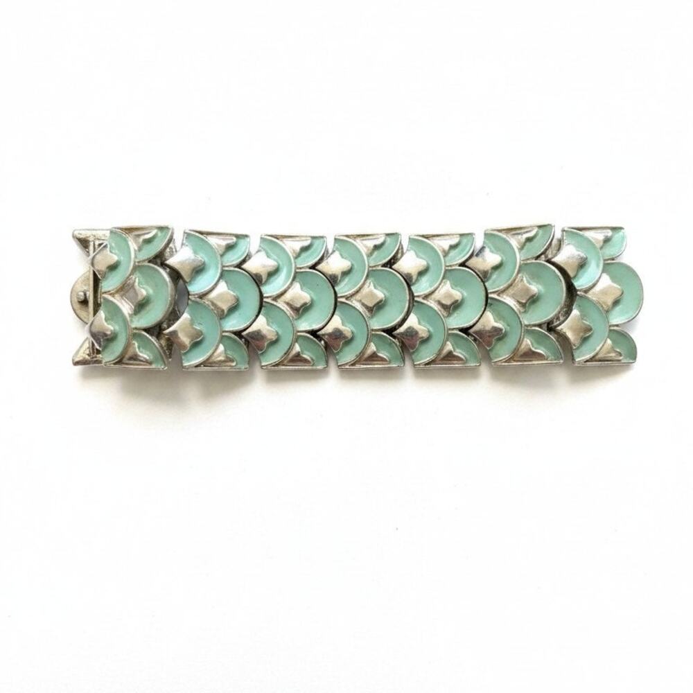 Vintage Signed Coro Enamel Fish Scale Panel Bracelet Green MCM